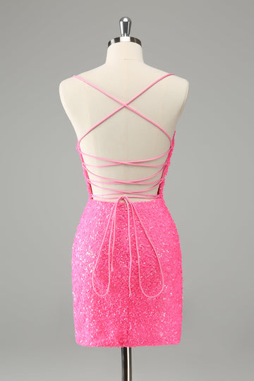 Glitter Hot Pink Bodycon Spaghetti Straps Sequins Cocktail Dress